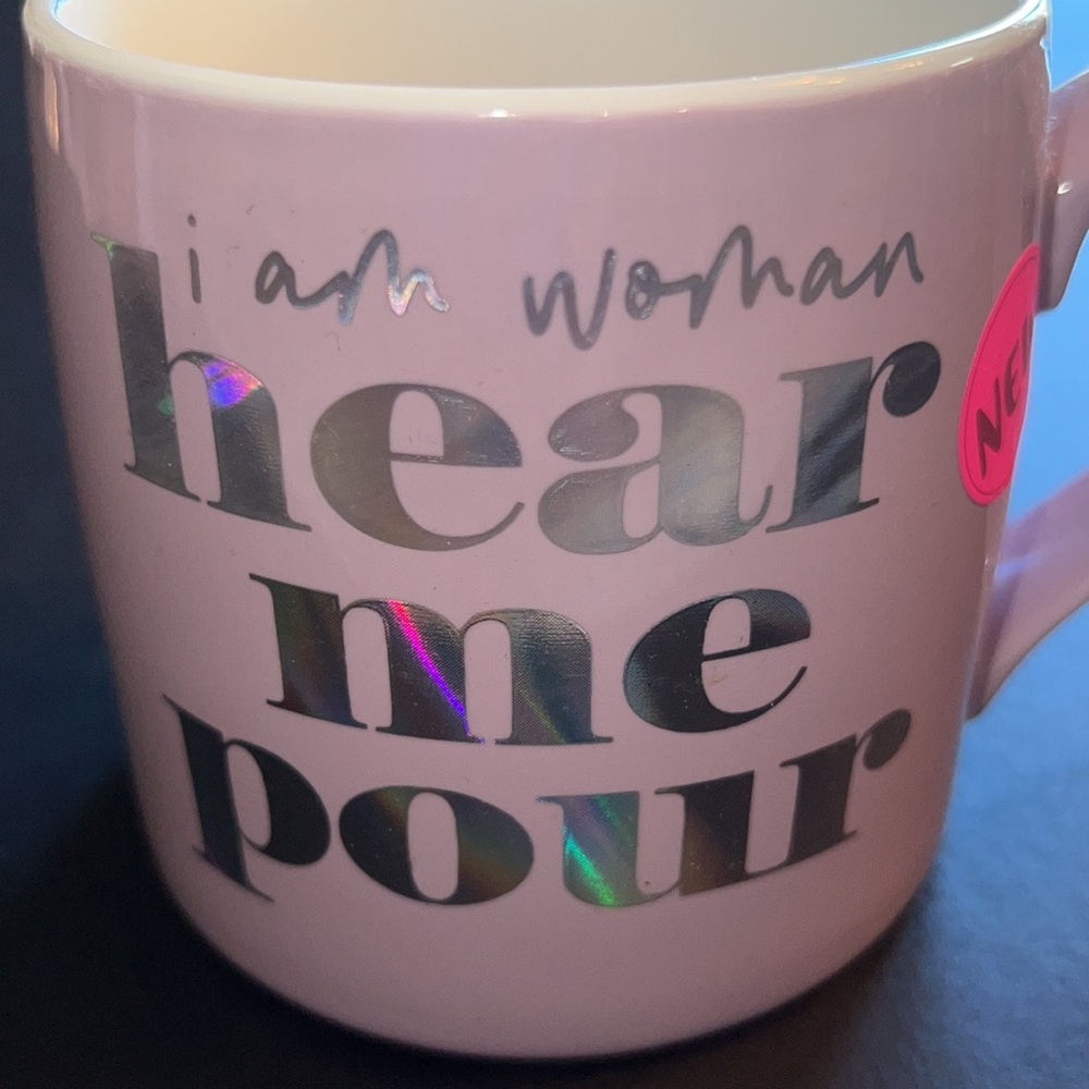 Slant 20oz ceramic coffee mug w/iridescent silver lettering “I am woman…”-NWT